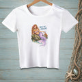 White t-shirt with mermaid illustration and text "BACK OFF, SHELL BOY."