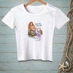 White t-shirt with mermaid illustration and text "BACK OFF, SHELL BOY."