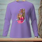Purple long-sleeve shirt with mermaid, octopus, and tropical drinks graphic.