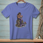 Mermaid sitting on rocks reading a book to a crab, with ocean and other crabs nearby.