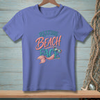 Purple t-shirt with "Resting Beach Face" mermaid graphic and sunglasses.