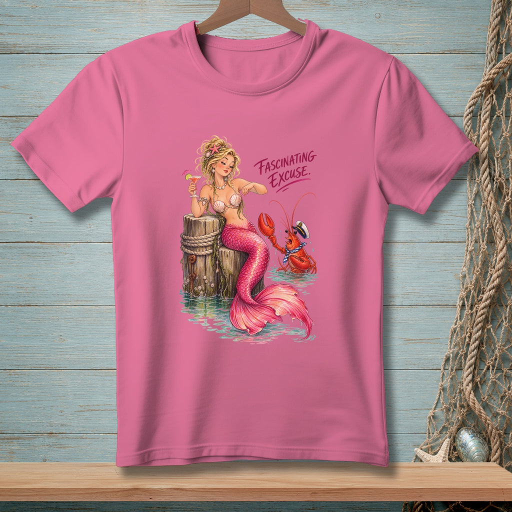 Pink t-shirt with mermaid, lobster, and text "FASCINATING EXCUSE."