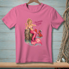 Pink t-shirt with mermaid, lobster, and text "FASCINATING EXCUSE."