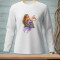Illustration of a mermaid with purple tail holding a cocktail and a pufferfish.