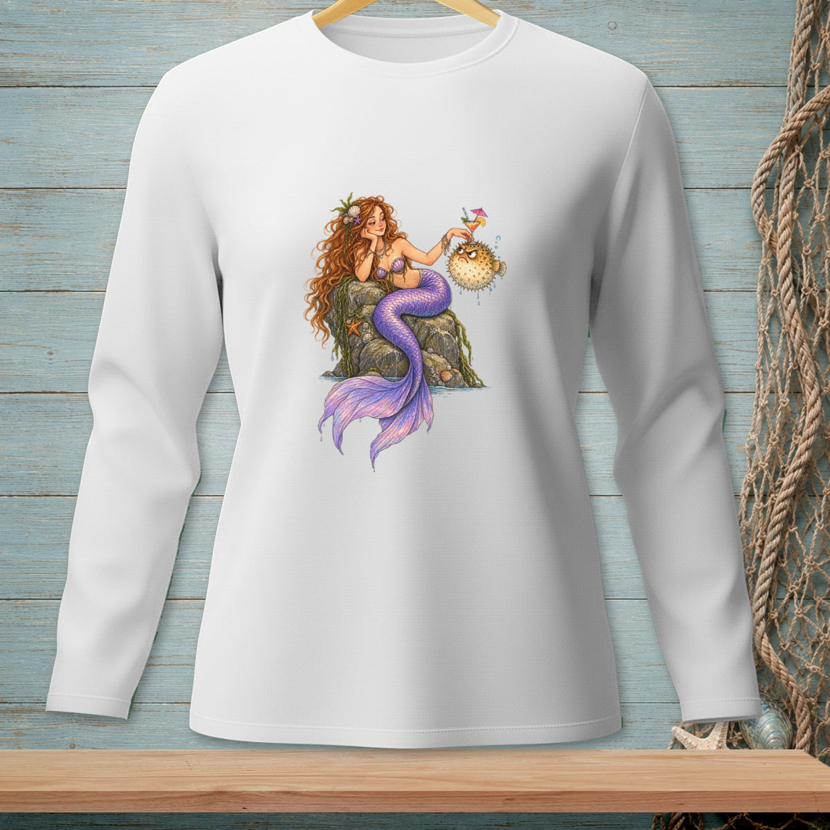 Illustration of a mermaid with purple tail holding a cocktail and a pufferfish.