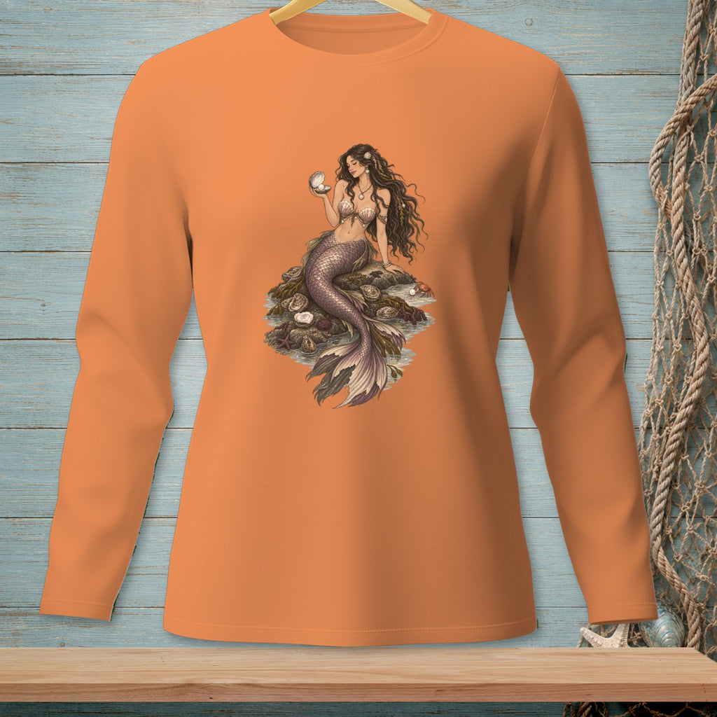 Orange long-sleeve shirt featuring a detailed illustration of a mermaid holding a pearl.