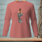 Mermaid with drink on pier, print on pink long-sleeved shirt.