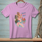 Pink t-shirt with mermaid and octopus graphic and text "Repurpose. Reuse. Relax."