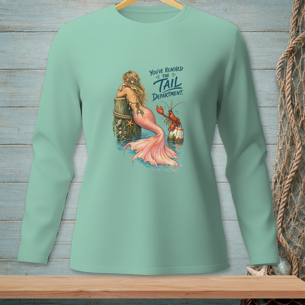Mint long-sleeve shirt with mermaid, lobster, and text reading "You've Reached the Tail Department."