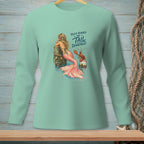 Mint long-sleeve shirt with mermaid, lobster, and text reading "You've Reached the Tail Department."