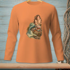 Long-sleeve orange t-shirt with a mermaid graphic on a rock.