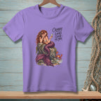 Purple t-shirt with a mermaid on a rock and text "Crabby Looks Good On You".