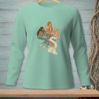 Three mermaids with colorful tails gather around a tray with drinks in the water.