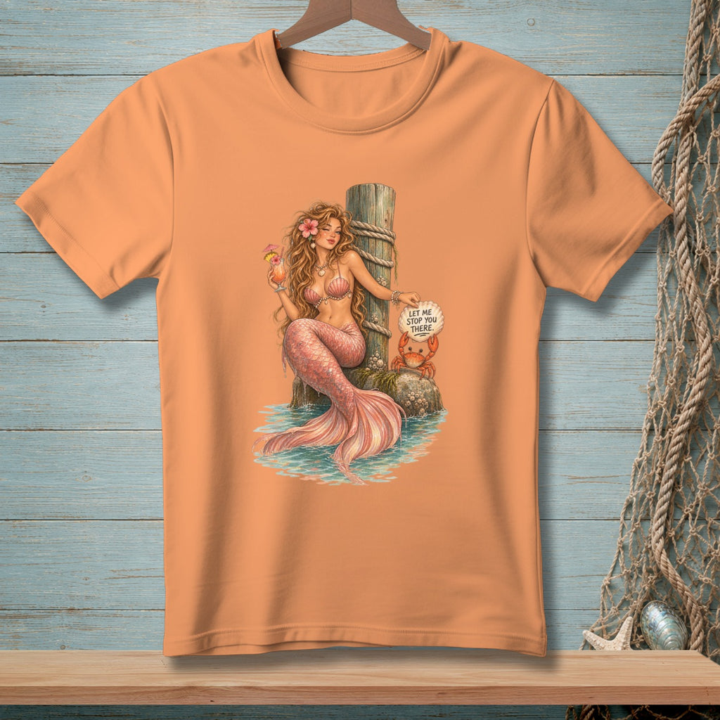 Mermaid with pink tail and drink by wooden post, crab with sign.