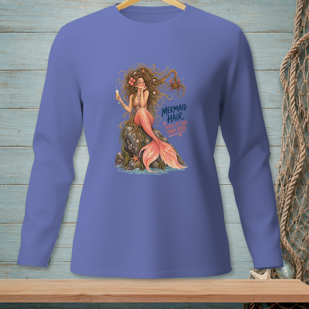 Mermaid with flowing hair sitting on a rock, holding a drink. Text reads: Mermaid Hair Enter At Your Own Risk.