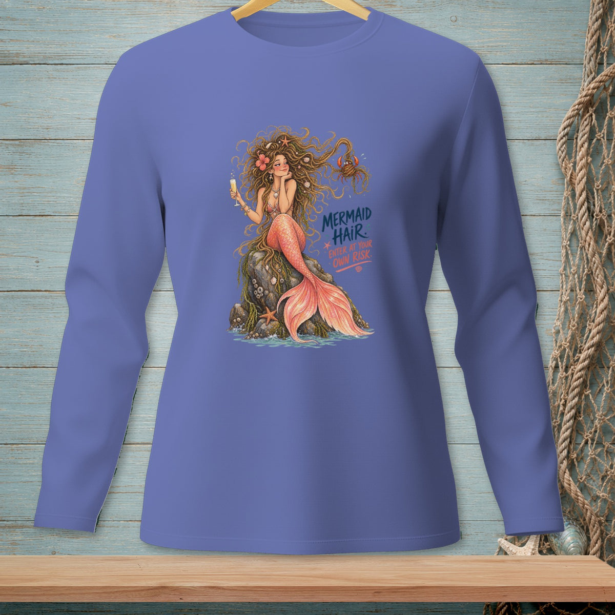 Mermaid with flowing hair sitting on a rock, holding a drink. Text reads: Mermaid Hair Enter At Your Own Risk.