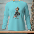 Teal long-sleeve shirt with mermaid and text "Salty on Purpose".