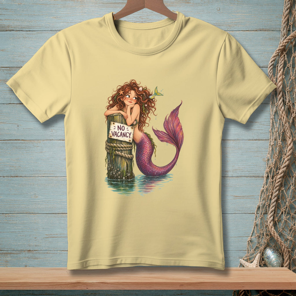 Mermaid with "No Vacancy" sign on a post, resting on water, with a net background.