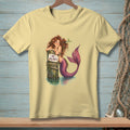 Mermaid with "No Vacancy" sign on a post, resting on water, with a net background.