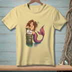 Mermaid with "No Vacancy" sign on a post, resting on water, with a net background.