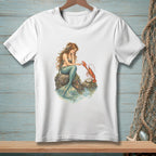 Illustration of a mermaid interacting with a lobster on rocks in the water.