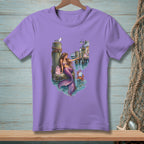 Mermaid on dock with crab and lighthouse in a coastal town.
