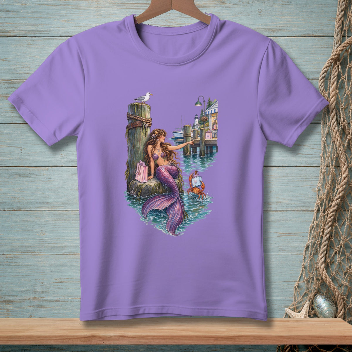 Mermaid on dock with crab and lighthouse in a coastal town.