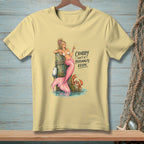 Yellow t-shirt featuring a mermaid and crab with the text "Crabby Isn't A Personality, Kevin."
