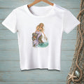 White t-shirt with mermaid on rock holding sign "Fix Your Expectations".