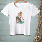 White t-shirt with mermaid on rock holding sign "Fix Your Expectations".