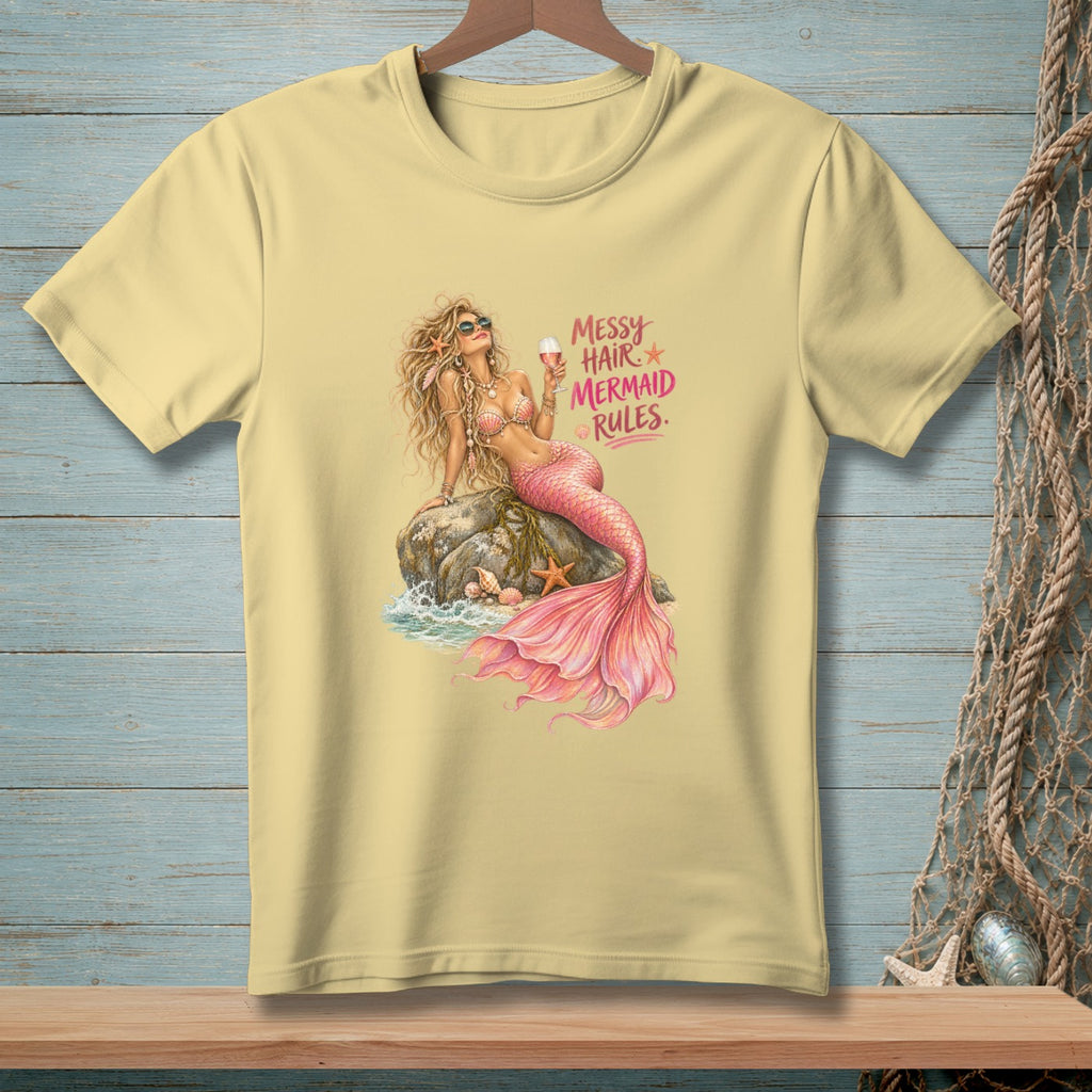 Yellow t-shirt with mermaid graphic and "Messy Hair Mermaid Rules" text.