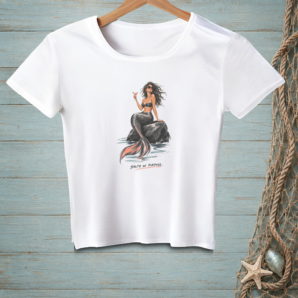 White t-shirt with a mermaid illustration and text "SALTY ON PURPOSE."