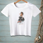 White t-shirt with a mermaid illustration and text "SALTY ON PURPOSE."
