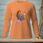 Orange long-sleeve shirt with illustration of a mermaid and pufferfish.