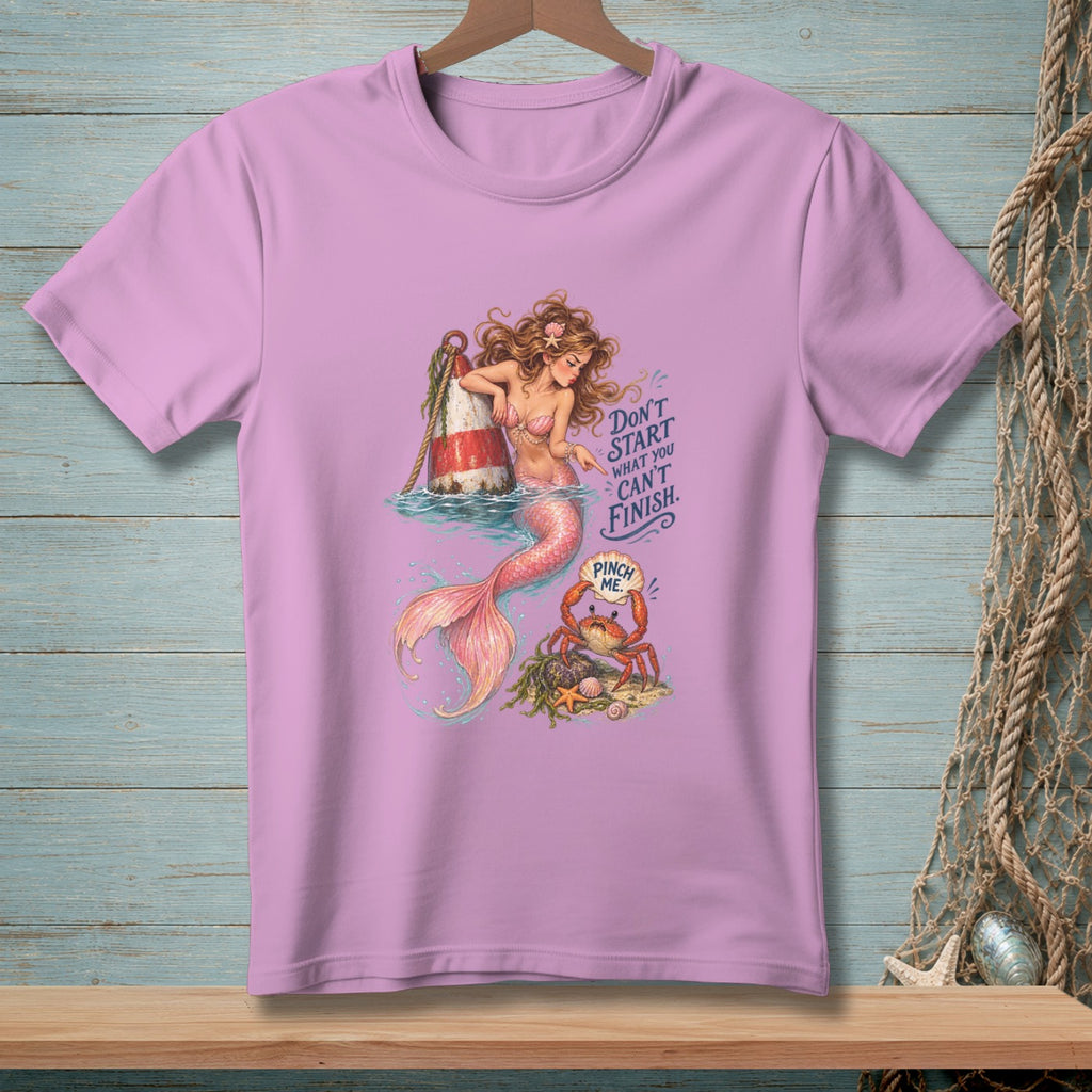 Mermaid with pink tail next to a buoy, with crab and text.