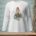 Illustration of a mermaid sitting on a rock holding a seashell, with wavy ocean water.
