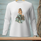 Illustration of a mermaid sitting on a rock holding a seashell, with wavy ocean water.