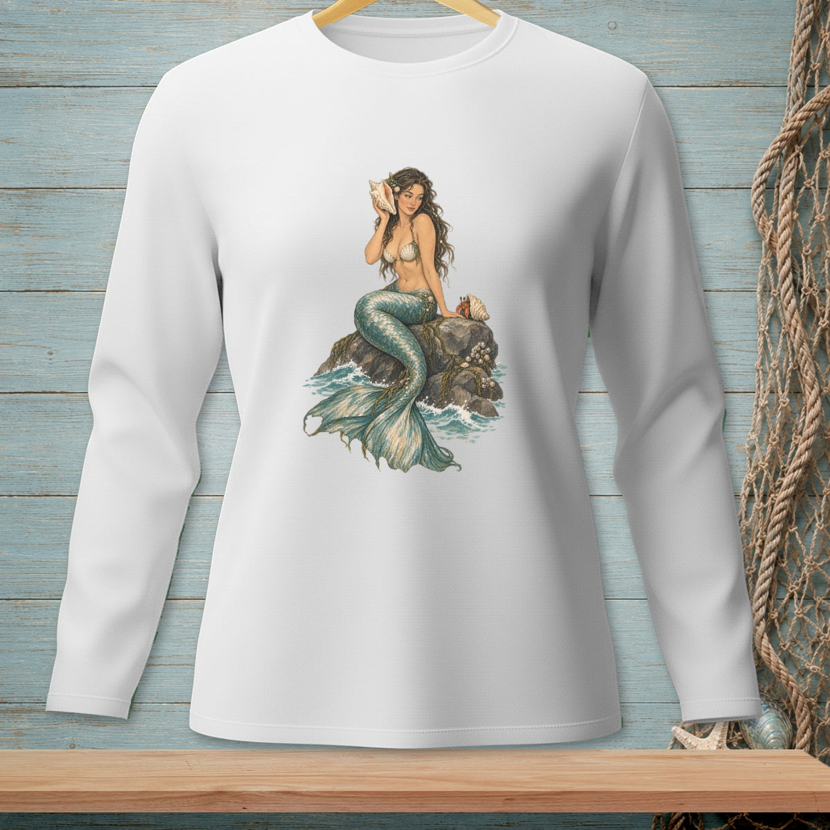 Illustration of a mermaid sitting on a rock holding a seashell, with wavy ocean water.