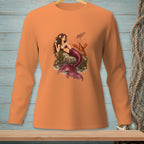 Orange long-sleeve shirt with mermaid and lobster graphic that says "AND?".