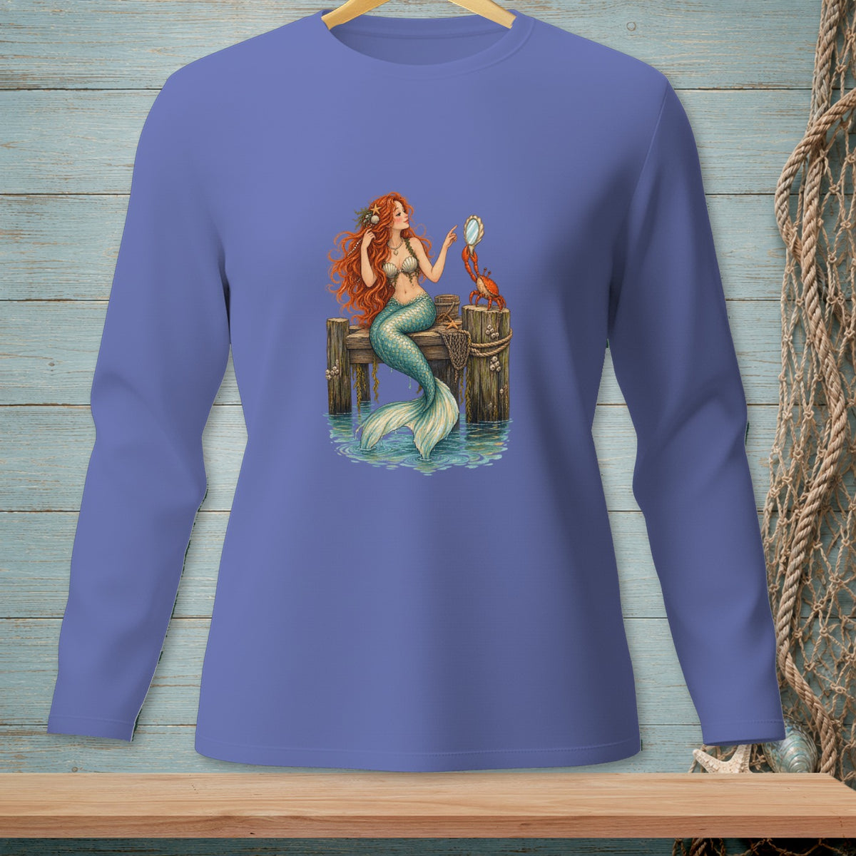 Mermaid with red hair brushing her hair on a pier with a crab and a mirror.