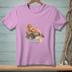 Lavender t-shirt with a mermaid resting on a rock, holding a drink. Text says "Plans Changed."