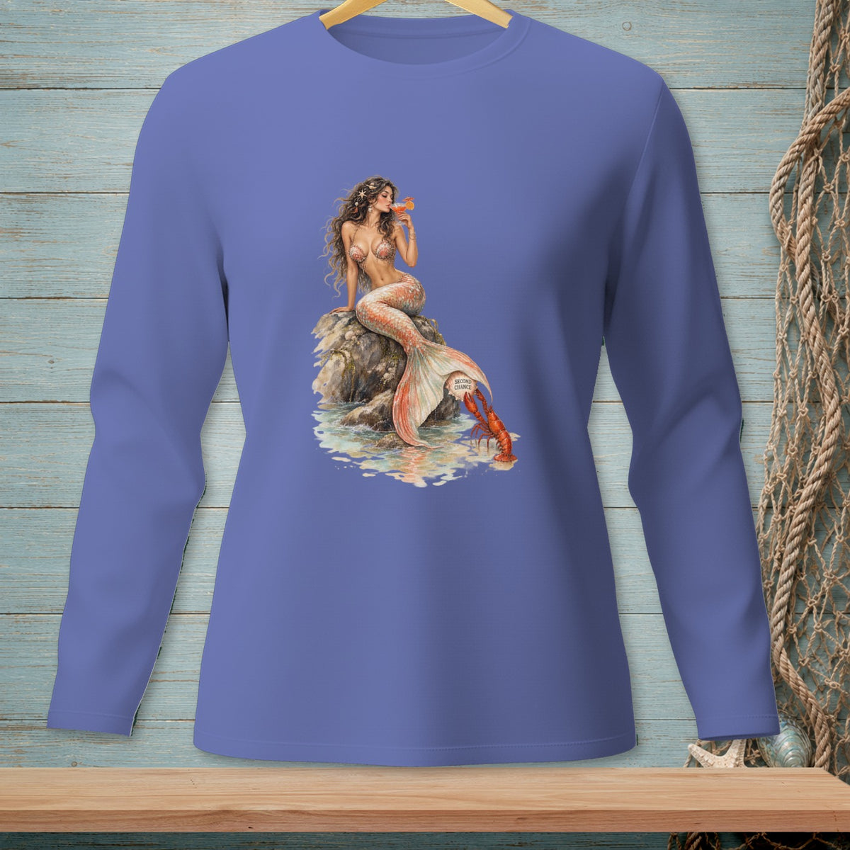 Mermaid with a drink and a lobster on a rock, with "Second Chance" text.