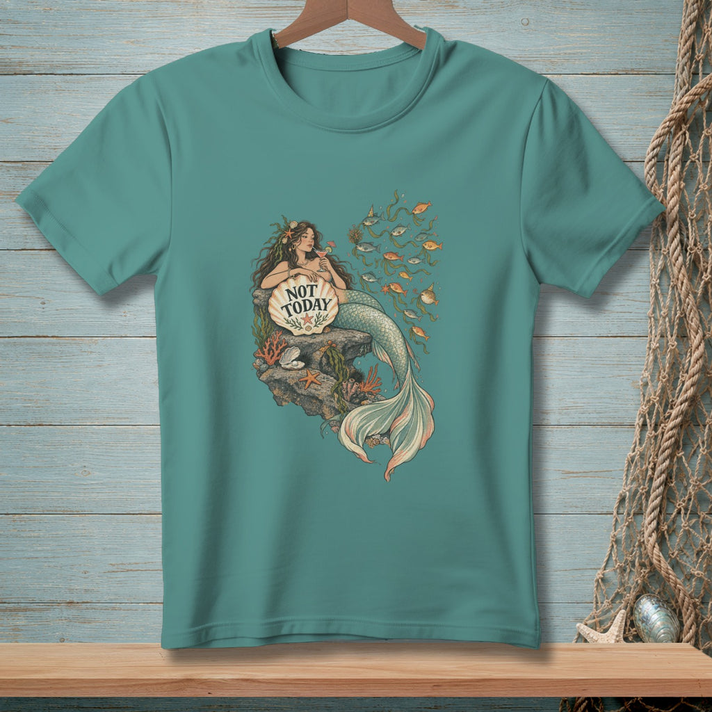 Mermaid with drink and "NOT TODAY" text on shell, surrounded by fish and sea life.