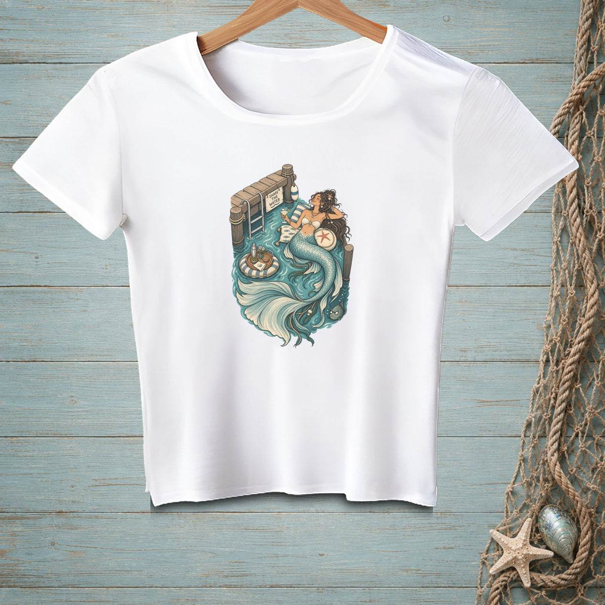White t-shirt with a mermaid relaxing on a dock with a drink.