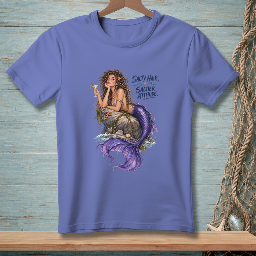 T-shirt with a purple mermaid holding a drink and text "Salty Hair. Saltier Attitude."