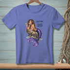 T-shirt with a purple mermaid holding a drink and text "Salty Hair. Saltier Attitude."