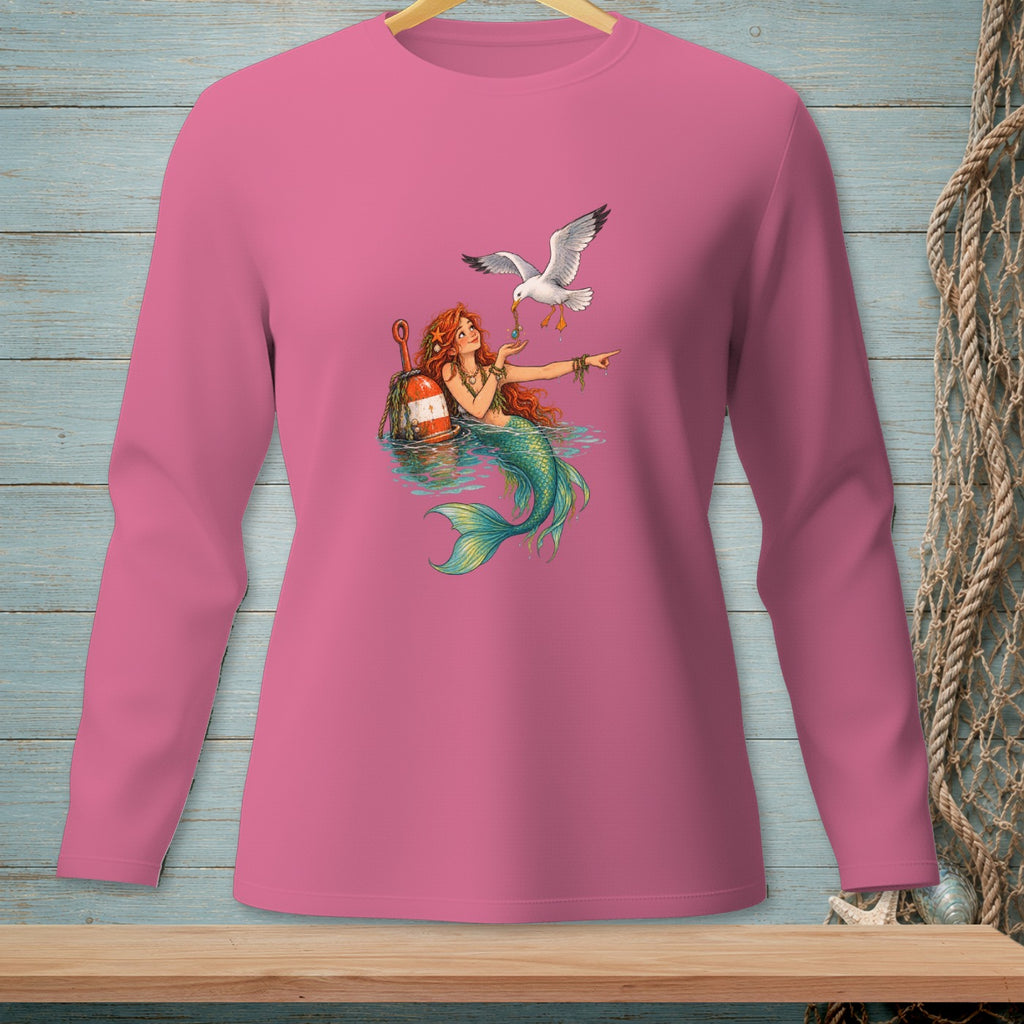Pink long-sleeve shirt with a mermaid and seagull illustration.