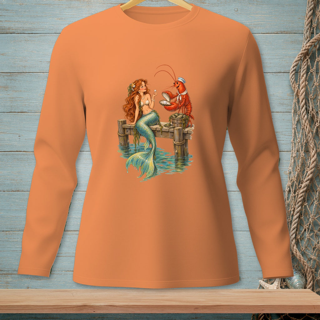 Mermaid on a dock exchanges a pearl with a lobster wearing a sailor hat.