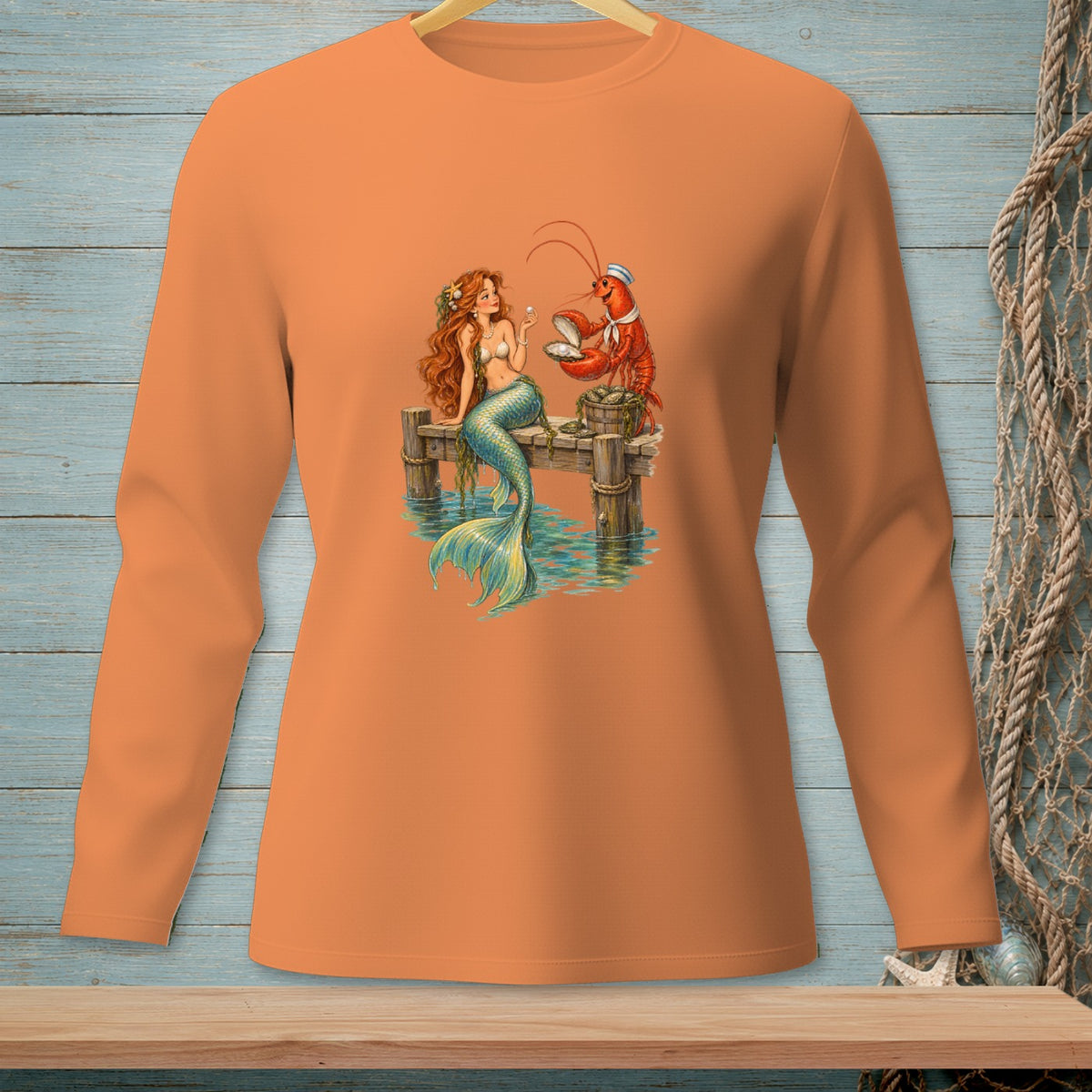 Mermaid on a dock exchanges a pearl with a lobster wearing a sailor hat.