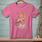 Mermaid with champagne bottle and crab on dock, says "PERFECT."